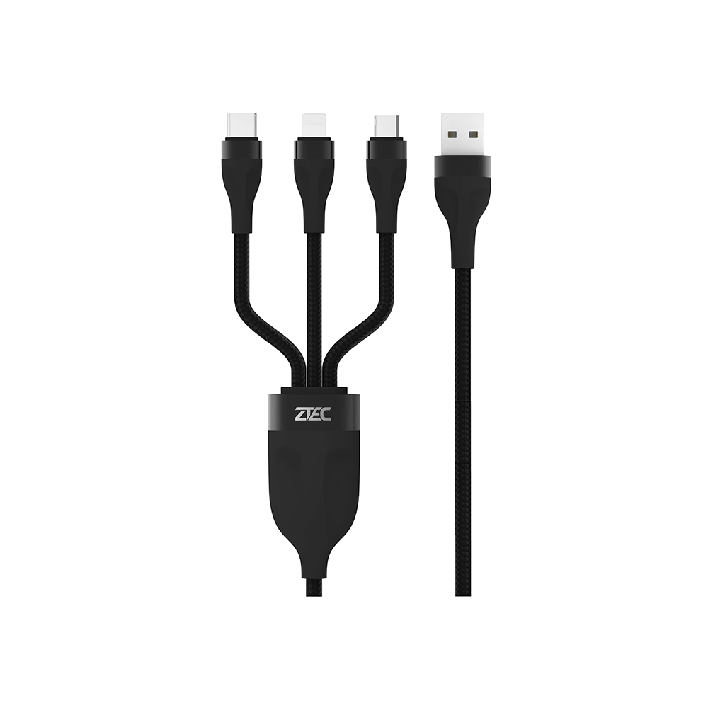 สายชาร์จ ZTEC รุ่น ZM411 USB-C,Micro-USB-,Lightning ยาว 1 เมตร สีดำ (3 พอร์ต,รองรับชาร์จเร็ว)